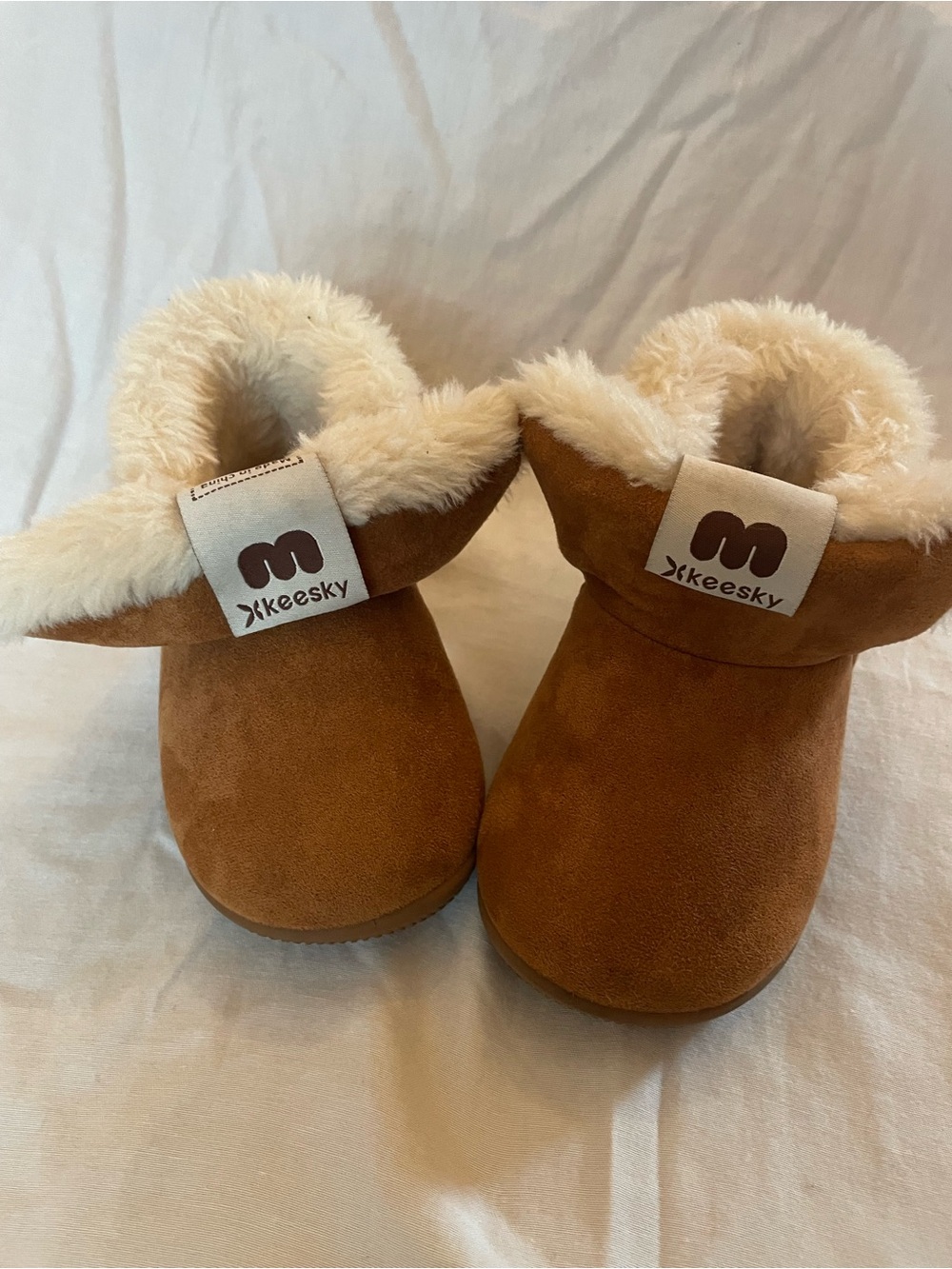 Keesky Kids' Tan Faux-Suede Boots with Cream Faux-Fur Cuff